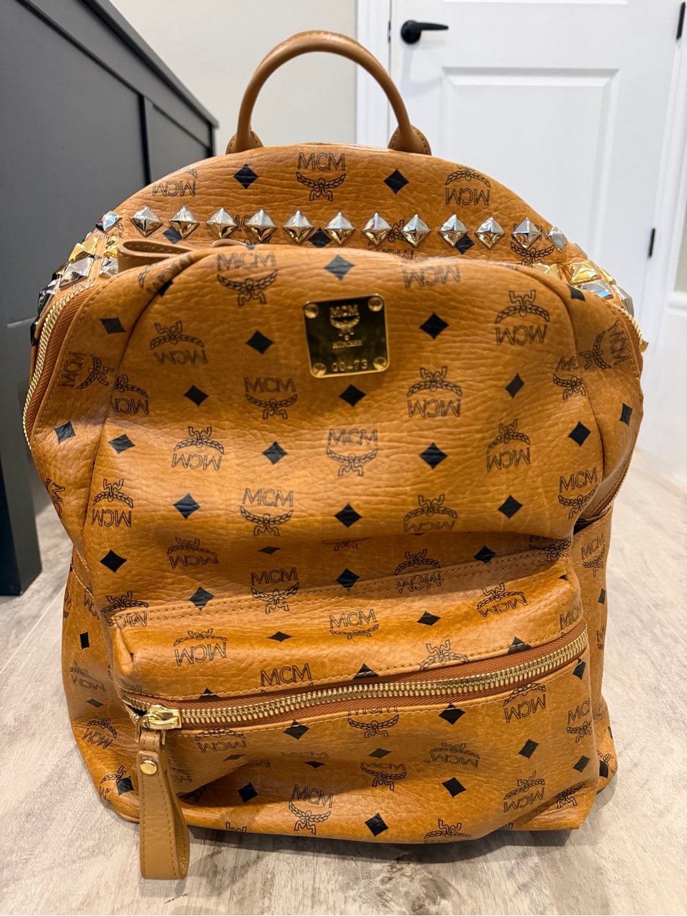 MCM Cognac Logo Studded Medium Backpack